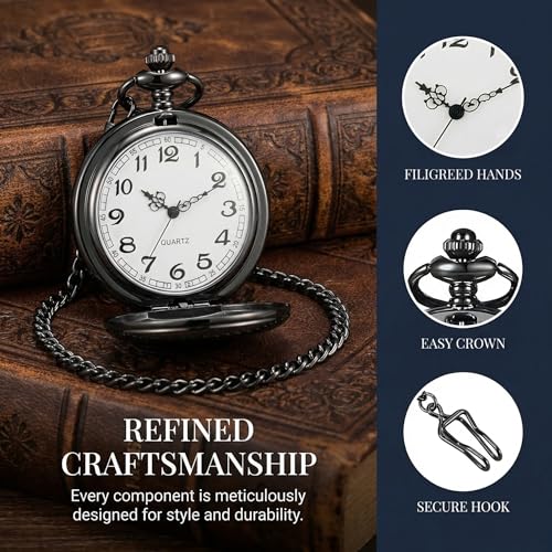 LYMFHCH Smooth Vintage Pocket Watch with Chain, Arabic Numerals Scale Mens Watch Christmas Graduation Birthday Gifts Fathers Day