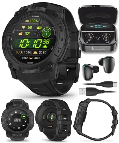 Wearable4U Garmin Instinct 3 Tactical Edition, AMOLED Display, 50mm, Rugged Outdoor GPS Smartwatch, Applied Ballistics Support, LED Flashlight, Multi-Band GPS, 10 ATM Black Earbuds Bundle