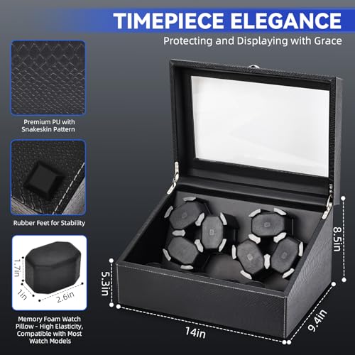 hightall Luxury Automatic Watch Winder for Rolex/Omega/Cartier | 6+6 for Automatic Watches with Whisper-Quiet Motor (<5dB), Anti-Scratch Memory Foam & Stable Base | Snakeskin PU,With Plug