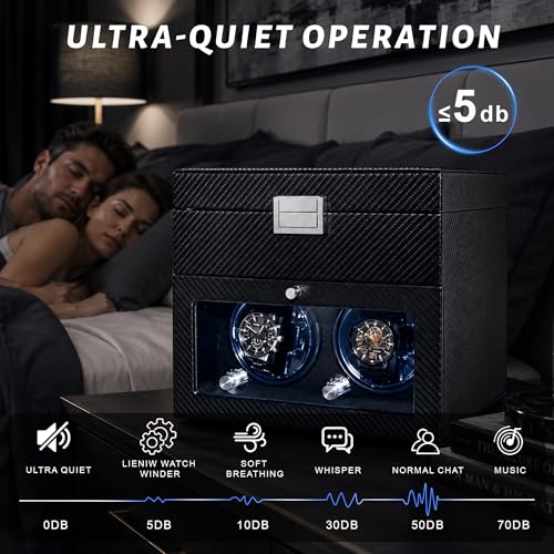 Lieinw Automatic Watch Winder for Rolex and Auto Watches, Leather Double Winding Watch Box + 6 Storage Slots with Japanese Quiet Motor & Blue LED, Rotating Watch Case Used for Storage, Display & Gifts