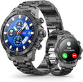 OHUGNA Men's Smart Watch Round HD 1.53" Gold Blue Smart Watches for Men, Multiple Sports Modes, Bluetooth Voice Call. Available for iOS and Android (All Black Steel Strap)