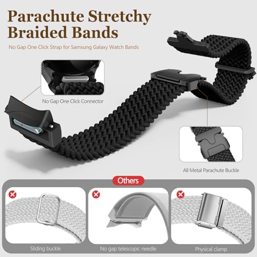 Braided Bands for Samsung Galaxy Watch 7/6/5/4/FE 40mm 44mm/Watch 6 4 Classic 46mm 42mm 47mm 43mm/5 Pro 45mm,One Click No Gap Parachute Elastic Nylon Sport Strap Wristband Galaxy Watch Band Men/Women