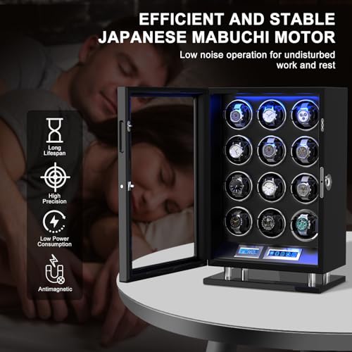 DUKWIN Watch Winder for 12 Automatic Watches, Fingerprint Lock Watch Winders with LCD Touchscreen, Blue LED Light, Remote Control,Adjustable Pillow and Quiet Motor for Universal Watches, 5TPD