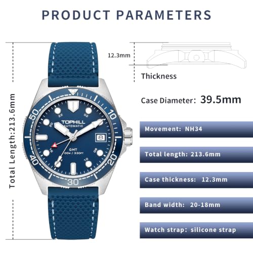TOPHILL Mens Watches GMT Automatic Dive Watch|39.5mm 316L Steel Dive Watch|NH34 Movement|Sapphire Crystal|Ceramic Bezel|10ATM Water Resistant|BGW9 Luminous Rubber Strap Watch for Men (TD011G.G1358-02)