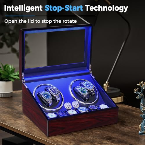 ANWBROAD Watch Winder for Automatic Watches 4+6 Watch Rotator and Storages with Super Quiet Motor LED Backlight Piano Paint Watch Turner 4 Rotating Modes UJWW002R