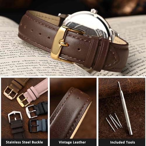 WOCCI 18mm Vintage Leather Watch Band for Men and Women, Gold Buckle (Dark Brown)