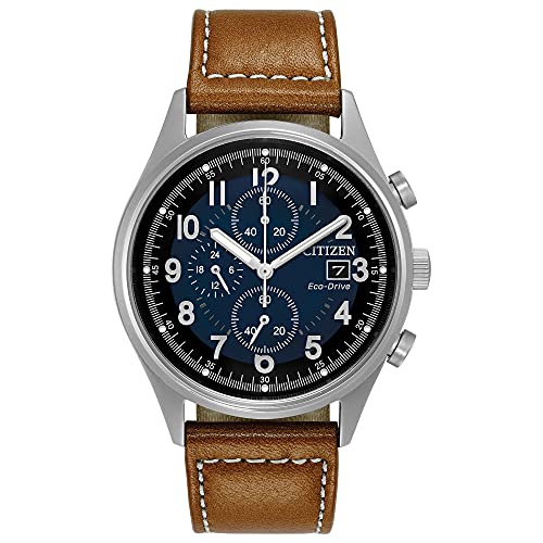 CITIZEN Men's Eco-Drive Weekender Garrison Chronograph Field Watch in Stainless Steel with Brown Leather Strap, Blue Dial (Model: CA0621-05L)