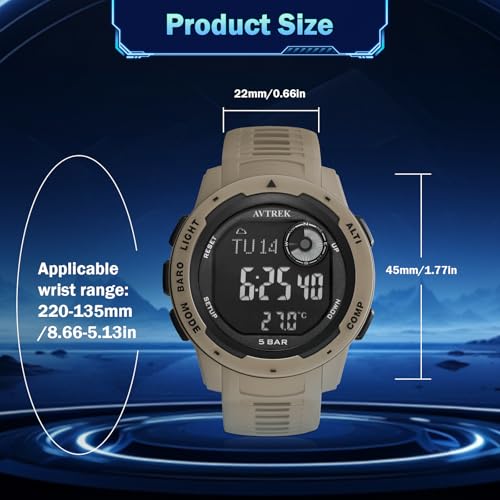 AVTREK Tactical Watch with Compass,50M Waterproof Pedometer, Digital Altimeter Watch for Outdoor Hiking/Climbing(Cafe)