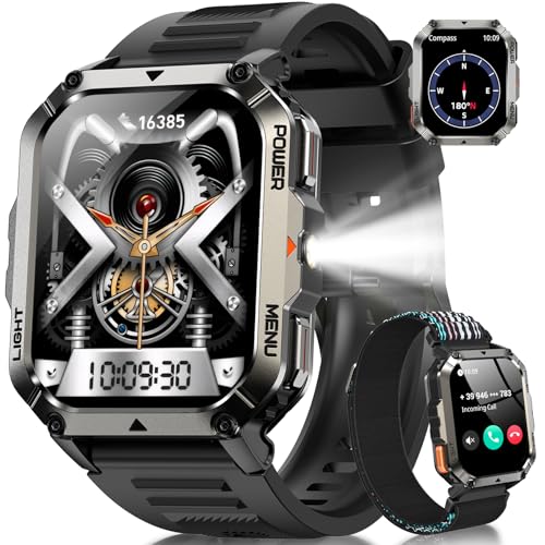 Military Tactical Smart Watches for Men, 100-Day Battery Rugged Fitness Watch with Compass & Flashlight, Sports Watch for Android with 2.01" HD Display AI Voice, IP68 Waterproof Smartwatch (Black)
