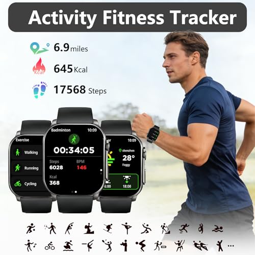 Smart Watch for Men, 2.01" AMOLED Curved HD Screen Smart Watch, Fitness Tracker with 24/7 Heart Rate/Sleep Monitor, IP68 Waterproof Running Watch, Compatible with iOS & Android for Daily Workout Black