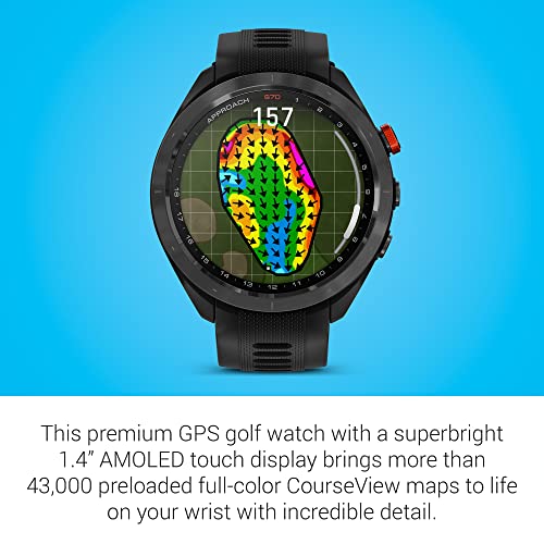 Garmin Approach S70 Golf Smartwatch, Full-Color CourseView Maps AMOLED Display, Advanced Shot Execution & Putt Alignment, Immersive Golfing Experience w/Signature Stand Power Bundle