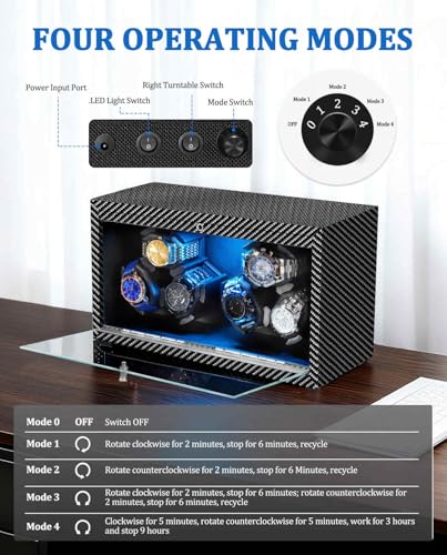 GLOKUUCA Watch Winder 6 with LED and Super Quiet Motor 4 Rotating Modes, Wooden Watch Storage Case Watch Shaker with USB Cable Gift (Black Carbon Fiber)