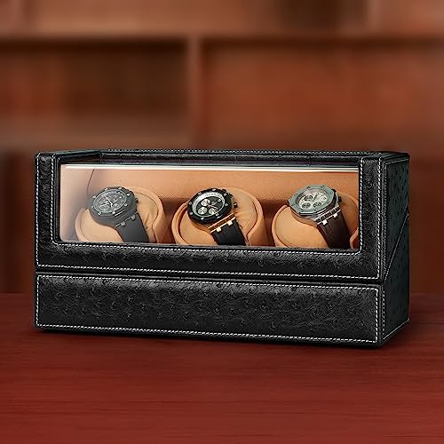 DRIKLUX Automatic Watch Winder for Rolex and Other Luxury Watches - Automatic Winder with Quiet Motor, Premium Black Ostrich Leather Exterior and Soft Flexible Watch Pillows of Camel Velvet