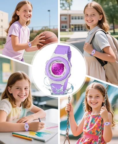 SOCICO Kids Digital Watches for Girls Boys, 7 Color Lights, 5 ATM Waterproof Watches for Kid with Alarm Stopwatch, Soft Band Wrist Watch for Kids Ages 5-12 (Purple)