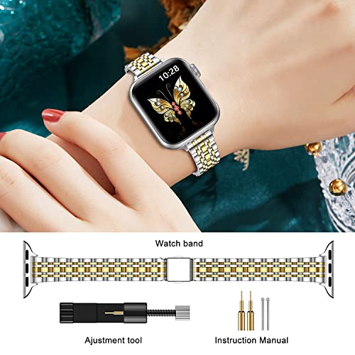 MioHHR Slim Metal Band Compatible with Apple Watch Band 42mm(Series 11 10) 41mm(Series 9 8 7) 40mm(Series 6 5 4 SE3/2/1) 38mm(Series 3 2 1),Stainless Steel iWatch Bands for Women,Silver/Gold