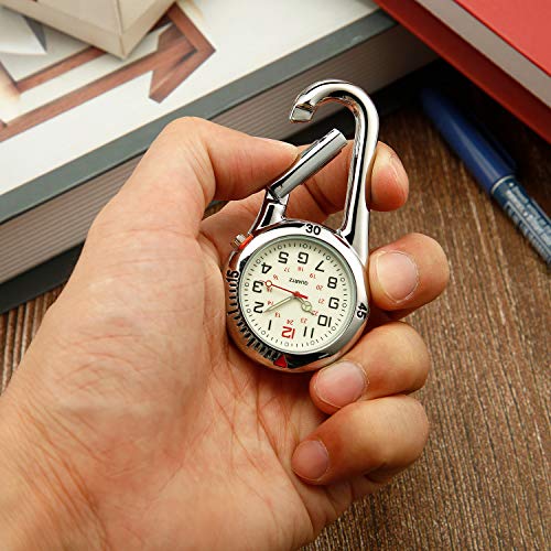 Hicarer 2 Pieces Clip on Quartz Watch Backpack Fob Belt Glow in The Dark Unisex Pocket Watch with White Dial for Doctors Nurses Outdoor Activities(Silver)