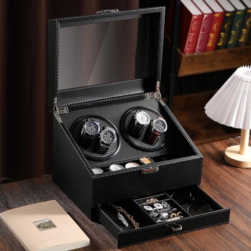 Liliaafar Watch Winder for Automatic Watch, Rotating Watch Display Case Quiet Running Motor Watches Jewelry Box with Drawer for Men & Women Gift(Black,Carbon Fiber Leather,6 Slots)