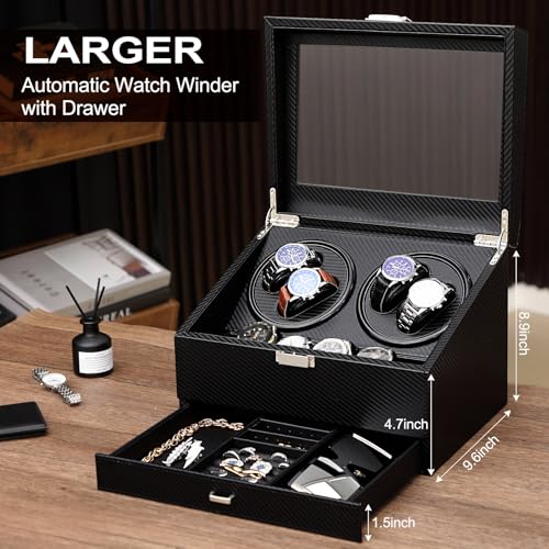 Liliaafar Watch Winder for Automatic Watch, Rotating Watch Display Case Quiet Running Motor Watches Jewelry Box with Drawer for Men & Women Gift(Black,Carbon Fiber Leather,6 Slots)