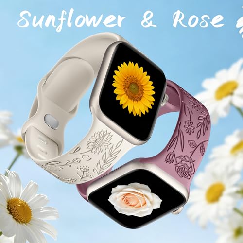 6 Pack Floral Engraved Bands Compatible with Apple Watch Bands 44mm for Women 40mm 41mm 45mm 49mm, Adjustable Comfortable Soft Silicone for iWatch Bands 38mm Womens Series