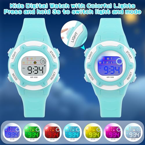 DTKID Digital Kids Watch 30 M Waterproof, 7 Color Lights Time Teaching Watch Easy to Read for Girls Boys 5-16