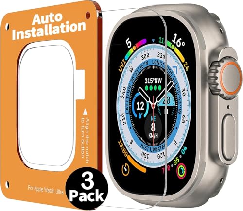 Smiling 3 Pack Screen Protector Compatible with Apple Watch Ultra 3/Ultra 2/Ultra 49mm and Auto-alignment Installation Frame, Anti-Scratch Tempered Glass Screen Protector, Bubble Free, Touch Sensitive