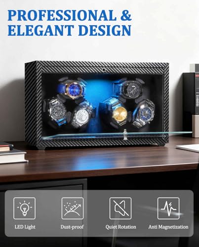GLOKUUCA Watch Winder 6 with LED and Super Quiet Motor 4 Rotating Modes, Wooden Watch Storage Case Watch Shaker with USB Cable Gift (Black Carbon Fiber)