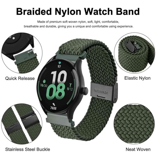 WOCCI 20mm Braided Nylon Watch Band for Men and Women, Quick Release, Black Stainless Steel Buckle (Khaki Green)