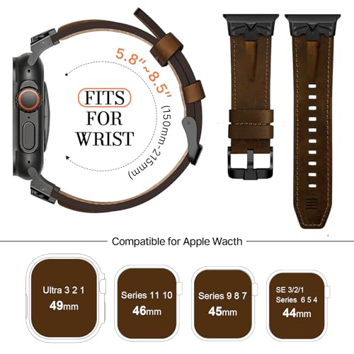 DABAOZA Leather Band Men Compatible for Apple Watch Ultra 3/2 Bands 49mm 46mm 45mm 44mm,Genuine Leather Metal Replacement Strap for iWatch Ultra 3 2 1 Series 11 10 9 8 7 6 5 4 SE 3 (Black/Walnut)