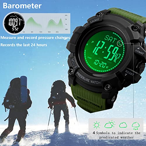 AOSLSI Watch Compass, Altimeter Barometer Thermometer Temperature, Pedometer, Military Army Waterproof Outdoors Sport Digital Watch for Men