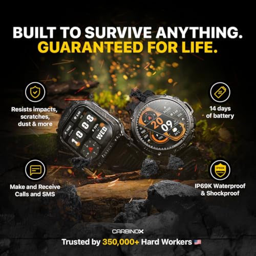 CARBINOX Blaze Smart Watch with GPS – Rugged Fitness Trackers, IP69K Waterproof, 170+ Sports Modes, Gorilla Glass, Make/Receive Calls, Android & iOS Compatible