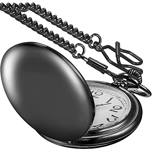 Realpoo SwitchMe Smooth Black Pocket Watch for Men Quartz Arabic Digital Dial with Chain,Smooth Quartz Men's Pocket Watch for Father's Day Christmas Gift - Black