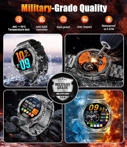 HIRREO Smart Watch for Men, 1.6'' AMOLED HD Fitness Watches with LED Flashlight, Buletooth Calling, 600mAh Battery/2 Straps/100+ Sports/IP68 Waterproof Smartwatch for Android iOS, Black-Orange