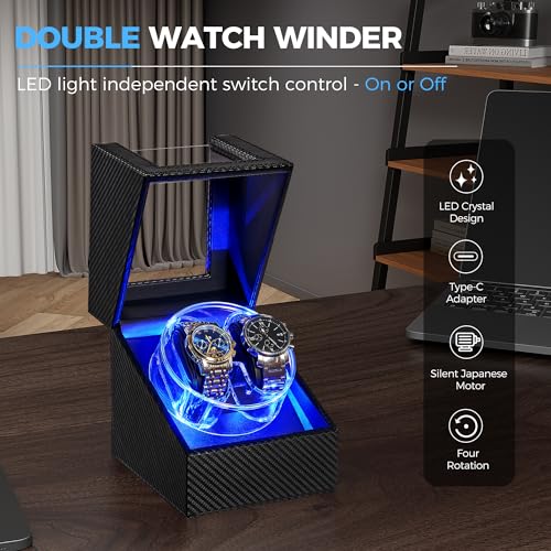 ANWBROAD Watch Winder for Automatic Watches, 4 Modes Double Automatic Watch Winder box with LED Crystal Design, Rotating Watch Case with Super Quiet Motor with Type-C Adapter UJWW007C