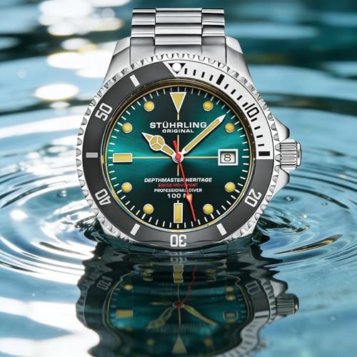 Stuhrling Original Depthmaster Heritage Diver Men’s Watch 42mm Stainless Steel, Swiss Quartz Dive Watch for Men, Teal Dial, 100M Water Resistant, Rugged Outdoor Watch for Swimming & Daily Use