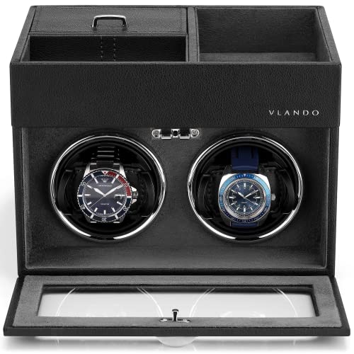 VLANDO Automatic Double Watch Winder for Men - Watch Winder Box with Jewelry Organizer Tray for Father Husband Dad, Japanese Quiet Motor, LED Light, Adjustable Watch Pillows - Black