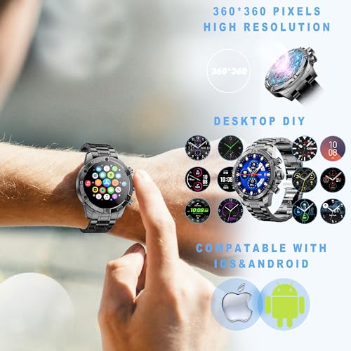 OHUGNA Men's Smart Watch Round HD 1.53" Gold Blue Smart Watches for Men, Multiple Sports Modes, Bluetooth Voice Call. Available for iOS and Android (Black Steel)