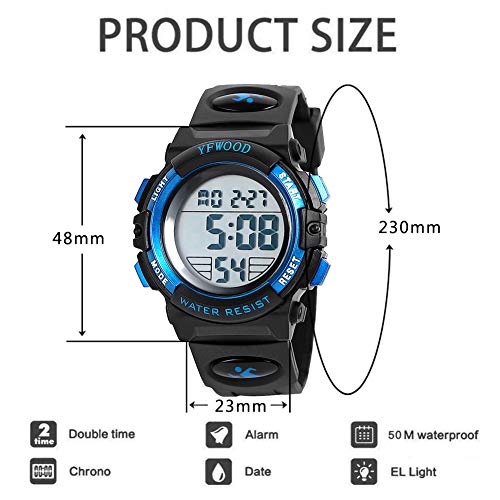 YFWOOD Kids Digital Watch for Boys 5-15, Toddler Watch Waterproof Outdoor Sport Watches, Children Electronic Analog Quartz Wrist Watches with Silicone Band Luminous Alarm Stopwatch, Christmas Birthday Gift for Kids