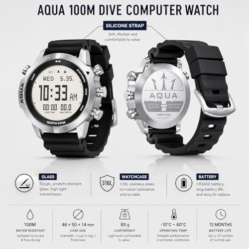 NORTH EDGE Aqua Dive Computer Watch for Men, 100M Waterproof Scuba Diving Watch with NDL, Air/Nitrox/Gauge Modes, 50M Depth Display, Compass, Altimeter, Barometer, Dive Log, Silicone Strap