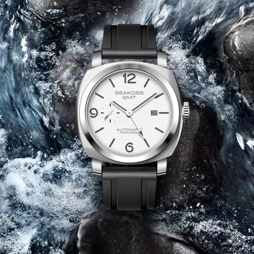 GMT Watches for Men Automatic 45MM Date 10ATM Waterproof Seagull ST2557 Movement LuminousStainless Steel Sapphire Glass Mechanical Wristwatches S8441 (Silicone White)