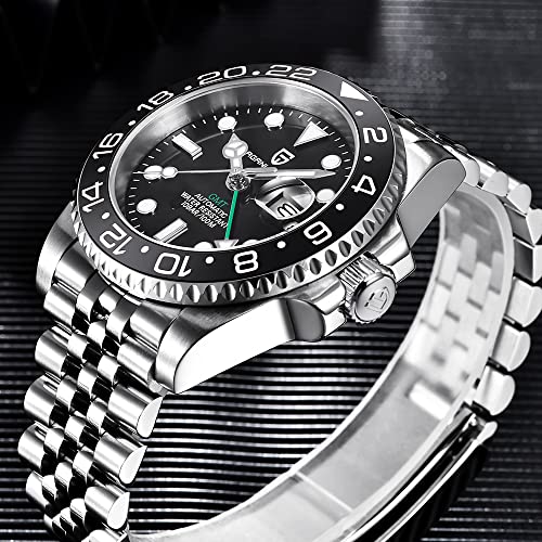 CADISEN Pagani Design GMT Fully Automatic Mechanical Men's Watch 40MM Date 100M Waterproof Stainless Steel Submersible Rotating Ceramic Bezel Men's Sports Watch PD-1662(Jubilee Black)