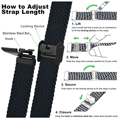 WOCCI 20mm Braided Nylon Watch Band for Men and Women, Quick Release, Black Stainless Steel Buckle (Black)