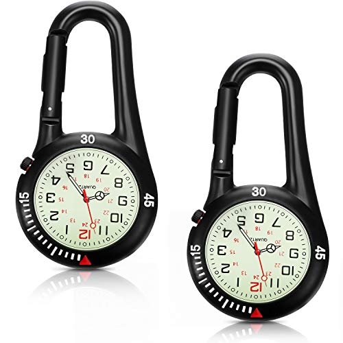 Hicarer 2 Pieces Clip on Quartz Watch Backpack Fob Belt Glow in The Dark Unisex Pocket Watch with White Dial for Doctors Nurses Outdoor Activities(Black)