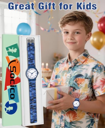 SOCICO Kids Analog Watch for Boys Girls Camouflage Sport Watches, 30M Waterproof, Rubber Band, Easy to Read for Child Teens Ages 5-15 Perfect for Gifts