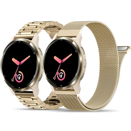 Compatible with Garmin Vivoactive 5 Watch Band/Vivoactive 6/3, 20mm Stainless Steel 2 Pack Metal and Mesh Bracelet Strap Wristband for Forerunner 165/55/245/570-42mm/Venu/Venu Sq Women Men Accessory