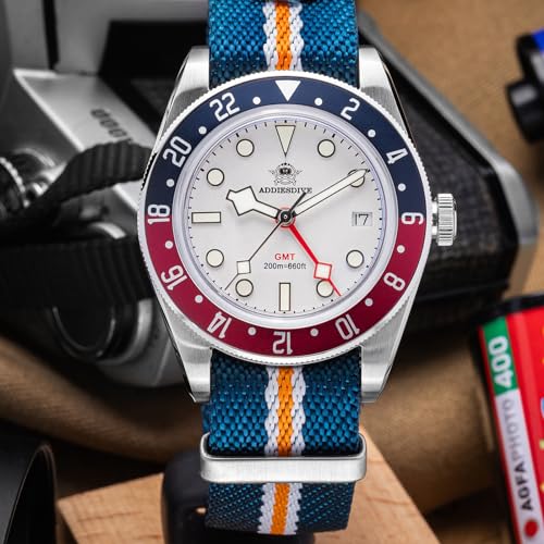 ADDIESDIVE GMT Quartz Watch for Men Nylon Band 200M Waterproof Dual Time Zone Calendar GMT Mens Wristwatch