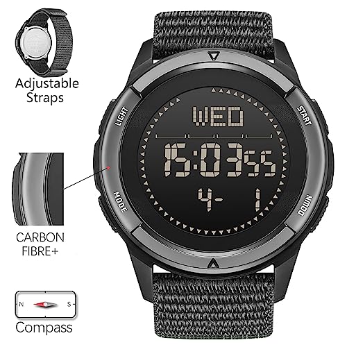 DIDITIME Tactical Men's Watch, Military Watch, Waterproof 164FT, Fitness Watch with Compass, Metronome, Pedometer, Lightweight Breathable Nylon Band