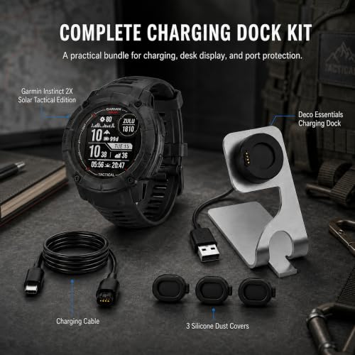 Garmin Instinct 2X Solar Tactical Edition, Solar Charging, Rugged GPS Smartwatch, Built-in Flashlight, Ballistics Calculator, Black 010-02805-13 Bundle with Deco Essentials Charging Dock Kit