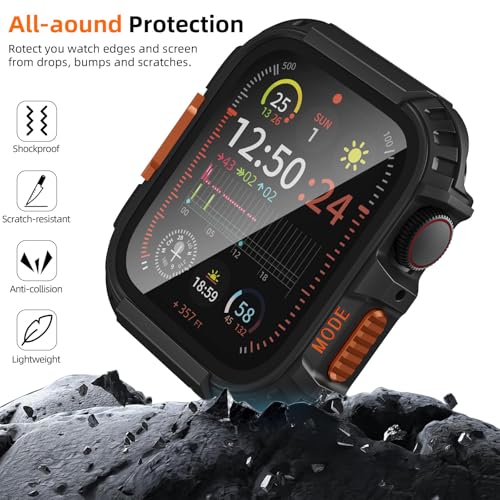 Zumyzu Rugged Waterproof Case for Apple Watch 46mm Series 11 10 with Tempered Glass Screen Protector, Durable Hard PC Bumper Protective Face Cover for iWatch 46 mm Black