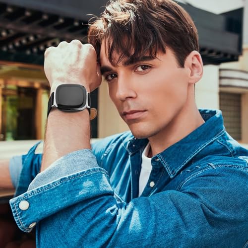 Meliya Leather Bands Compatible with Fitbit Versa 4 Bands/Fitbit Versa 3 Bands/Sense 2 Bands/Fitbit Sense Watch Bands for Women Men, Classic Genuine Leather Wristband Straps (Black)