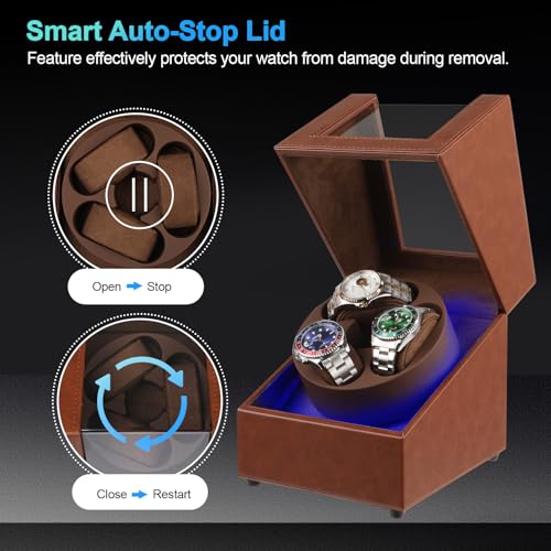 Anyasun Watch Winder for Automatic Watches,3 Watch Winder with LED Light and 4 Modes,Automatic Watch Winder Box with Super Quiet Motor,Watch Shark for Man and Women,USB Type C (Brown)